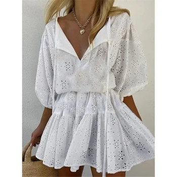 Women's White Dress Lace Dress Casual Dress Mini Dress Eyelet Street Holiday Vacation Bohemia Basic V Neck 3/4 Length Sleeve Loose Fit White Color S M L XL Size