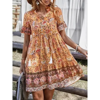 Women's Casual Dress Summer Dress Floral Tribal Button Print Split Neck Mini Dress Bohemia Streetwear Street Holiday Short Sleeve Regular Fit Navy Blue Orange Summer S M L XL