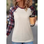 T shirt Tee Women's Beige Plaid Button Print Daily Weekend Fashion Round Neck Regular Fit S