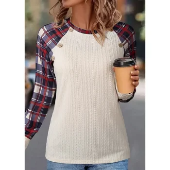 T shirt Tee Women's Beige Plaid Button Print Daily Weekend Fashion Round Neck Regular Fit S