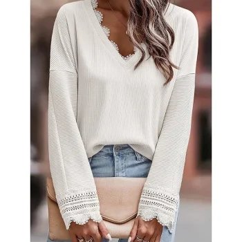 Shirt Blouse Women's Black White Pink Solid Color Lace Street Daily Fashion V Neck Regular Fit S