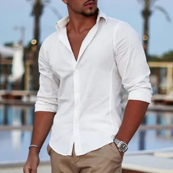 Men's Linen Shirt Shirt Button Up Shirt Beach Shirt White Long Sleeve Plain Lapel Spring & Fall Casual Daily Clothing Apparel