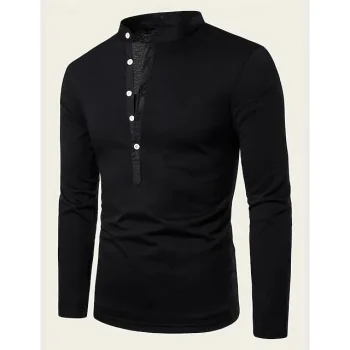Men's Polo Shirt Button Up Polos Casual Sports Stand Collar Long Sleeve Fashion Basic Plain Button Spring & Fall Regular Fit Black White Polo Shirt