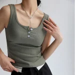Tank Women's Black White Army Green Solid Color Button Party Date Fashion Round Neck S