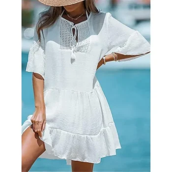 Women's White Dress Casual Dress Summer Dress Mini Dress Ruffle Holiday Vacation Beach Basic Crew Neck Half Sleeve Loose Fit White Color S M L XL 2XL Size