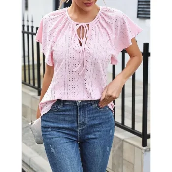 Shirt Blouse Women's Black White Pink Solid Color Lace up Ruffle Street Daily Fashion Round Neck S