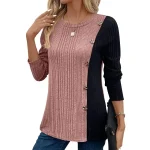 T shirt Tee Women's Pink Wine Army Green Color Block Button Casual Fashion Round Neck Regular Fit S