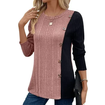 T shirt Tee Women's Pink Wine Army Green Color Block Button Casual Fashion Round Neck Regular Fit S