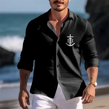 Anchor Casual Men's Shirt Linen Shirt Outdoor Daily Vacation Spring & Fall Lapel Long Sleeve Black, White, Pink S, M, L Polyester Shirt
