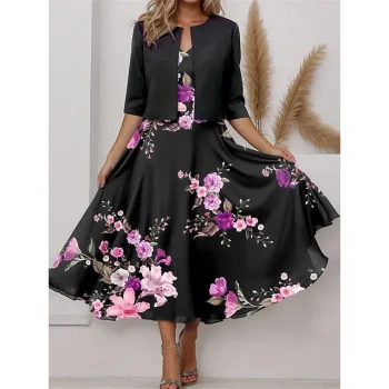 Women's Two Piece Dress Set Casual Dress Chiffon Dress Weekend Elegant Print Midi Dress V Neck Half Sleeve Floral Regular Fit Yellow Blue Purple Spring S M L XL XXL