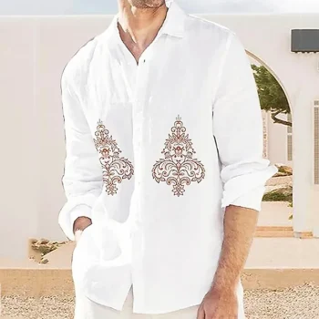 Printing Casual Men's Shirt Linen Shirt Outdoor Daily Vacation Spring & Fall Lapel Long Sleeve White, Blue, Gray S, M, L Polyester Shirt