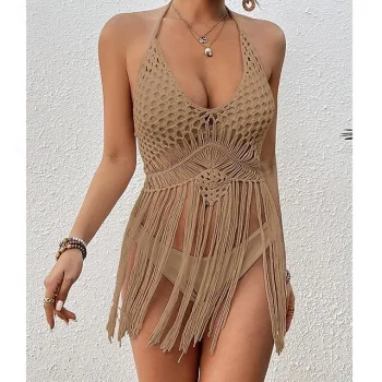 Women's Summer Dress Cover Up 2 Piece Tassel Vacation Swimming Beach Wear Holiday Sleeveless Black White Green Color S M L Size