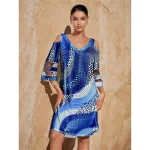 Women's Casual Dress Slip Dress Geometric Color Block Print Mesh V Neck Mini Dress Streetwear Street Holiday Long Sleeve Loose Fit Blue Summer Spring S M L XL XXL