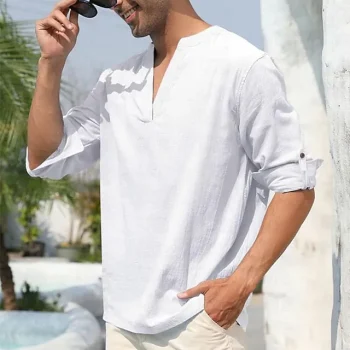 Men's Shirt Linen Shirt Summer Shirt Beach Shirt White Long Sleeve Plain V Neck Spring & Fall Hawaiian Holiday Clothing Apparel Button-Down