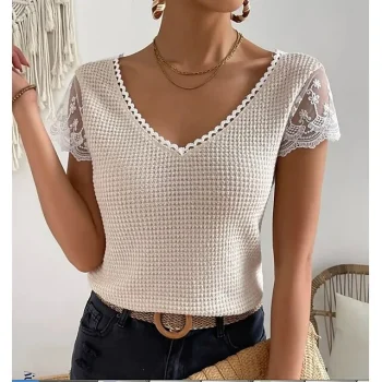 T shirt Tee Women's Beige Plain Lace Patchwork Casual Weekend Fashion V Neck Regular Fit S