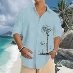 Palm Tree Casual Men's Shirt Linen Shirt Outdoor Daily Vacation Spring & Fall Lapel Long Sleeve White, Blue, Gray S, M, L Polyester Shirt