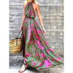 Women's Casual Dress Swing Dress Floral Print Halter Neck Long Dress Maxi Dress Streetwear Maxi Street Holiday Sleeveless Regular Fit Green Summer S M L XL 2XL