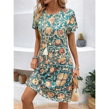 Women's Casual Dress T Shirt Dress Tee Dress Floral Print Crew Neck Midi Dress Streetwear Holiday Date Short Sleeve Loose Fit Blue Summer S M L XL XXL