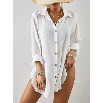 Women's White Dress Casual Dress Summer Dress Mini Dress Ruffle Button Holiday Vacation Beach Basic Shirt Collar Long Sleeve Loose Fit Black White Color S M L XL 2XL Size