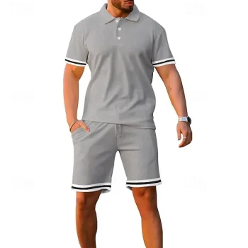 Men's Golf Shirt Golf Polo Work Casual Lapel Short Sleeve Basic Modern Color Block Striped 2 Piece Spring & Summer Regular Fit Black Army Green Light Grey Dark Gray Golf Shirt