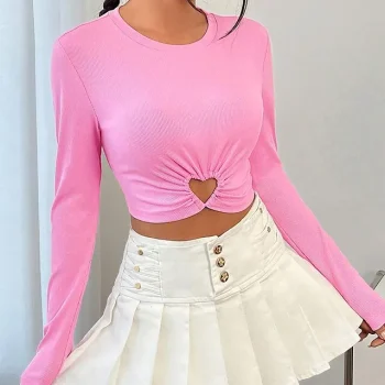 Crop Tshirt Women's Pink Plain Cut Out Daily Going out Fashion Modern Round Neck Slim S