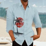 Palm Tree Casual Men's Shirt Linen Shirt Outdoor Daily Vacation Spring & Fall Lapel Long Sleeve White, Blue, Gray S, M, L Polyester Shirt