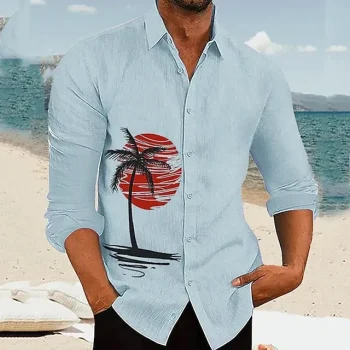 Palm Tree Casual Men's Shirt Linen Shirt Outdoor Daily Vacation Spring & Fall Lapel Long Sleeve White, Blue, Gray S, M, L Polyester Shirt