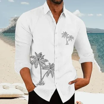 Palm Tree Casual Men's Shirt Linen Shirt Outdoor Daily Vacation Spring & Fall Lapel Long Sleeve White, Blue, Gray S, M, L Polyester Shirt