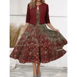 Women's Two Piece Dress Set Casual Dress Chiffon Dress Outdoor Holiday Vintage Ethnic Print Midi Dress V Neck Half Sleeve Floral Tribal Regular Fit Wine Navy Blue Purple Spring S M L XL XXL