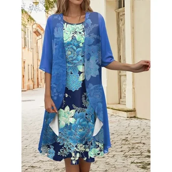Women's Two Piece Dress Set Casual Dress Chiffon Dress Outdoor Holiday Fashion Modern Print Midi Dress Crew Neck Half Sleeve Floral Loose Fit Pink Blue Purple Spring S M L XL XXL