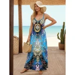 Women's Vintage Dress Casual Dress Floral Backless Print Strap Long Dress Maxi Dress Ethnic Tribal Street Vacation Sleeveless Regular Fit Blue Summer S M L XL XXL