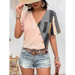 Shirt Blouse Women's Pink Polka Dot Button Pocket Print Casual Fashion V Neck Regular Fit S