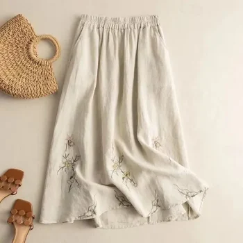 Women's Skirt Linen Skirts Maxi Cotton And Linen Khaki Skirts Summer Embroidered Fashion Casual Casual Daily Weekend M L XL