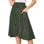 Women's Skirt Swing Midi Cotton Linen Wine Black Army Green Sky Blue Skirts Summer Pocket Drawstring High Waist Basic Casual Casual Daily Weekend XS S M