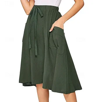 Women's Skirt Swing Midi Cotton Linen Wine Black Army Green Sky Blue Skirts Summer Pocket Drawstring High Waist Basic Casual Casual Daily Weekend XS S M