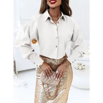 Blouse Women's Black White Khaki Plain Button Casual Elegant Shirt Collar Form Fit S