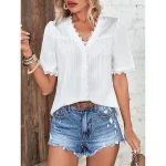 Shirt Blouse Women's White Plain Lace Button Casual Fashion V Neck Regular Fit S