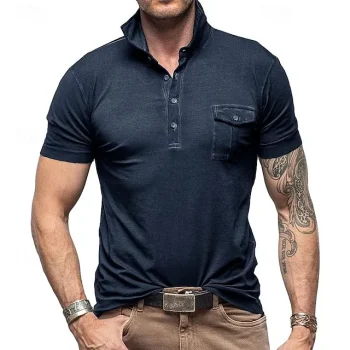 Men's Golf Shirt Golf Polo Work Casual Lapel Short Sleeve Basic Modern Plain Button Front Pocket Spring & Summer Regular Fit Wine Black White Royal Blue Dark Blue Dark Gray Golf Shirt