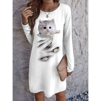 Women's Casual Dress T Shirt Dress Tee Dress Animal Cat Print V Neck Mini Dress Streetwear Street Holiday Long Sleeve Loose Fit White Spring S M L XL 2XL