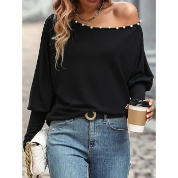 Shirt Blouse Women's Black Solid Color Beaded One Shoulder Street Daily Fashion One Shoulder Regular Fit S