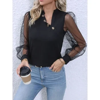 Shirt Blouse Women's Black Solid Color Mesh Button Street Daily Fashion V Neck Regular Fit S