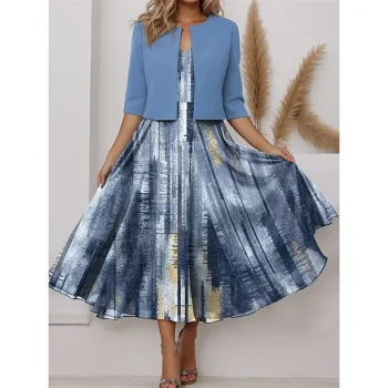 Women's Two Piece Dress Set Casual Dress Chiffon Dress Outdoor Holiday Fashion Streetwear Print Midi Dress V Neck Half Sleeve Print Regular Fit Pink Blue Purple Spring S M L XL XXL