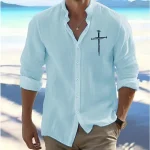 Faith Casual Men's Shirt Linen Shirt Button Up Shirt Outdoor Daily Wear Vacation Spring & Fall Standing Collar Long Sleeve Black, White, Orange S, M, L Linen Cotton Blend Shirt