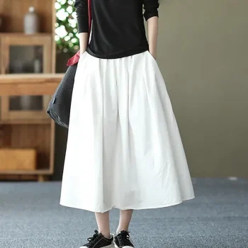 Women's Skirt Swing Midi Cotton Linen Black White Green Khaki Skirts Summer Pocket High Waist Basic Casual Casual Daily Weekend L