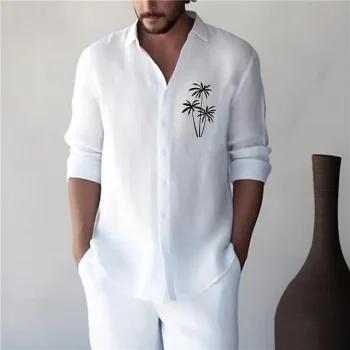 Palm Tree Men's Casual Graphic Shirt Linen Shirt Outdoor Daily Vacation Spring & Fall Turndown Long Sleeve White, Blue S, M, L Cotton Linen Shirt