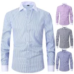 Men's Shirt Dress Shirt Button Down Shirt Light Blue Black Blue Long Sleeve Stripes Lapel Spring & Fall Office & Career Wedding Party Clothing Apparel Front Pocket