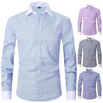 Men's Shirt Dress Shirt Button Down Shirt Light Blue Black Blue Long Sleeve Stripes Lapel Spring & Fall Office & Career Wedding Party Clothing Apparel Front Pocket