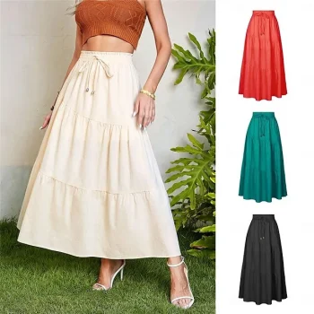 Women's Skirt Swing Maxi Cotton Linen Black Red Green Beige Skirts Summer Drawstring High Waist Basic Casual Casual Daily Weekend S M L