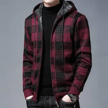 Men's Knit Oversized Plaid Turndown Basic Daily New Year Clothing Apparel Spring Fall & Winter Red S M L