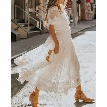 Women's Lace Dress Holiday Dress Swing Dress Maxi long Dress White Short Sleeve Pure Color Contrast Lace Summer Spring V Neck Elegant Vacation S M L XL XXL
